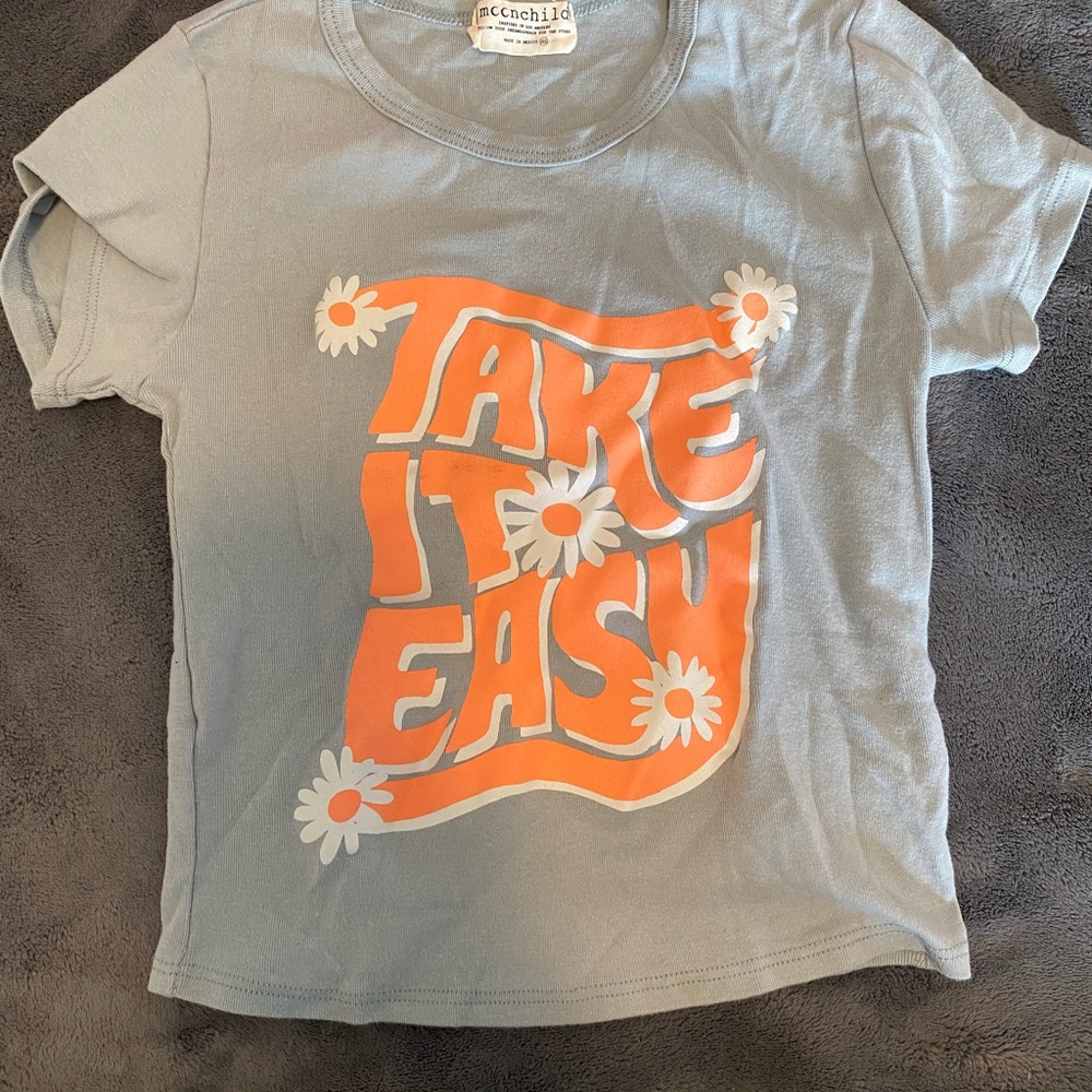 Gray and Orange Blouse with Decorative Text Design